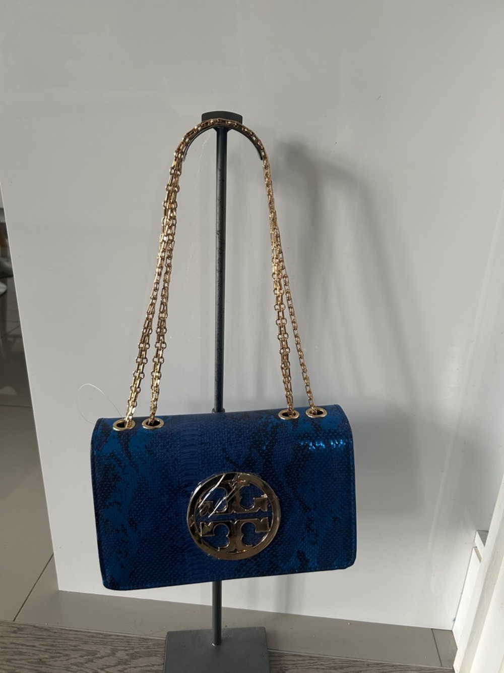 Navy Snake-Embossed Shoulder Bag with Gold Chain fashion inspired